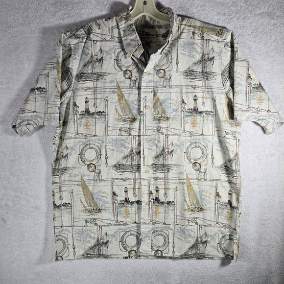 Reyn Spooner XL Beige Button Up Short Sleeve Hawaiian Shirt Ships Ports Angler - Picture 1 of 8